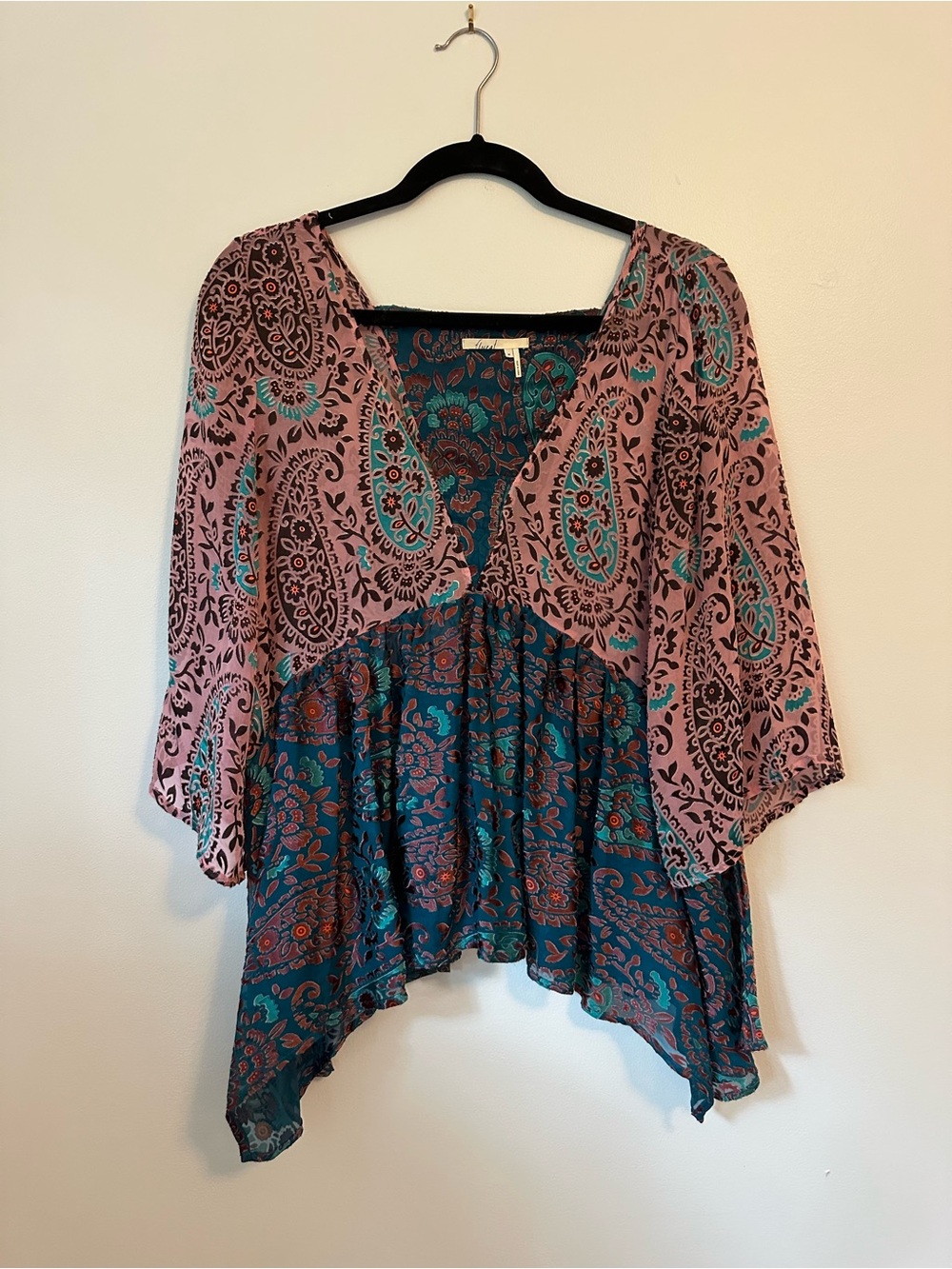 Floreat Pink & Teal Paisley Split-Panel V-Neck Tunic